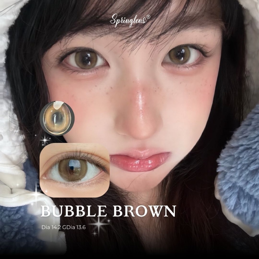 Kính áp tròng nâu trà Bubble Brown viền nhẹ có giãn tròng 3 tháng 0-7 độ | Spring Lens