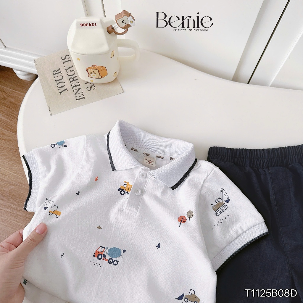 Bộ polo bé trai hoạ tiết xe phối quần kaki cho bé, set áo polo cộc tay quần kaki đùi khoẻ khoắn bé trai
