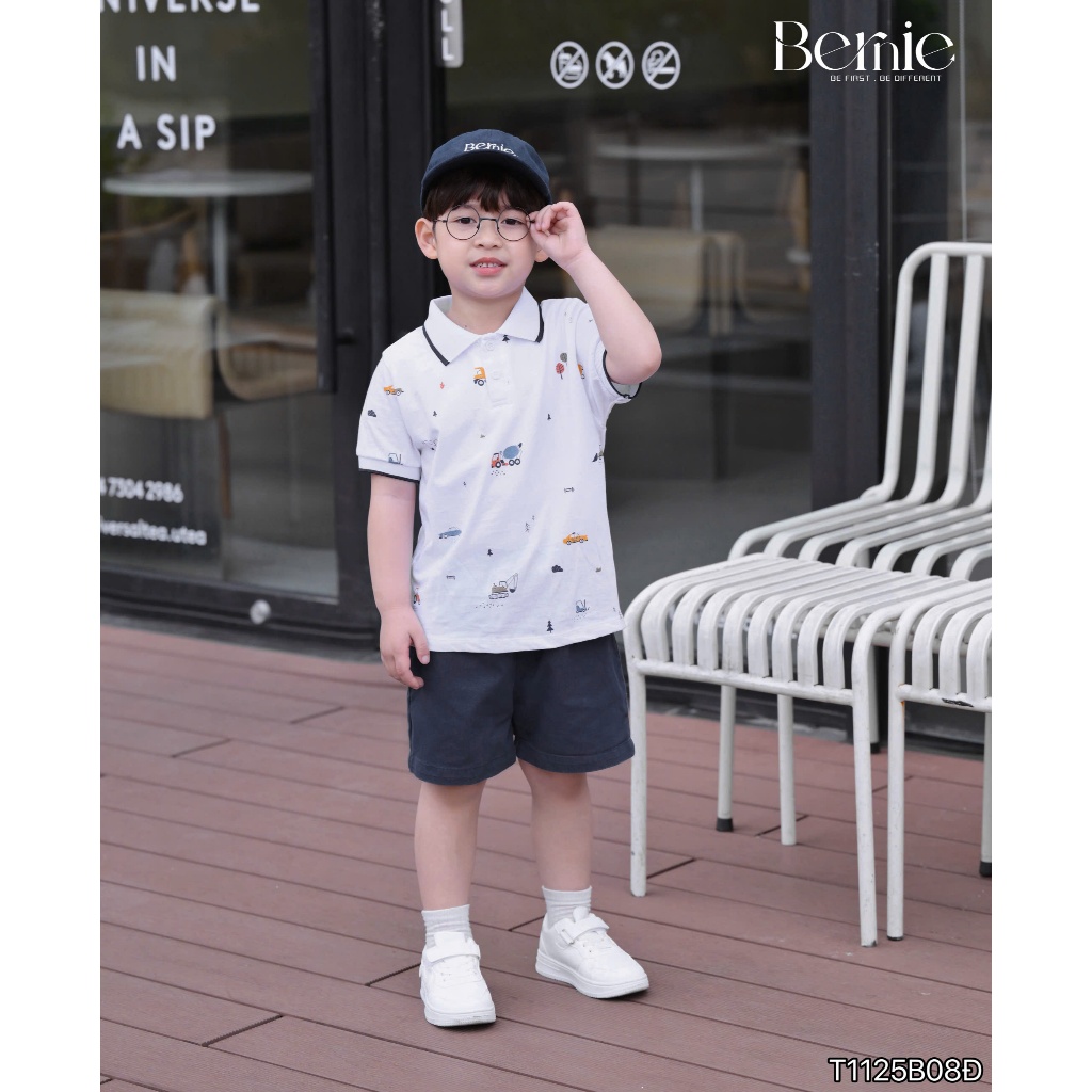 Set polo cộc tay Bernie in họa tiết xe tinh nghịch phối quần short kaki cho bé trai 9-27kg