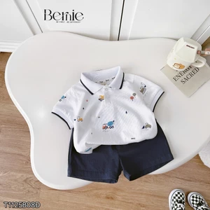 Bộ polo bé trai hoạ tiết xe phối quần kaki cho bé, set áo polo cộc tay quần kaki đùi khoẻ khoắn bé trai