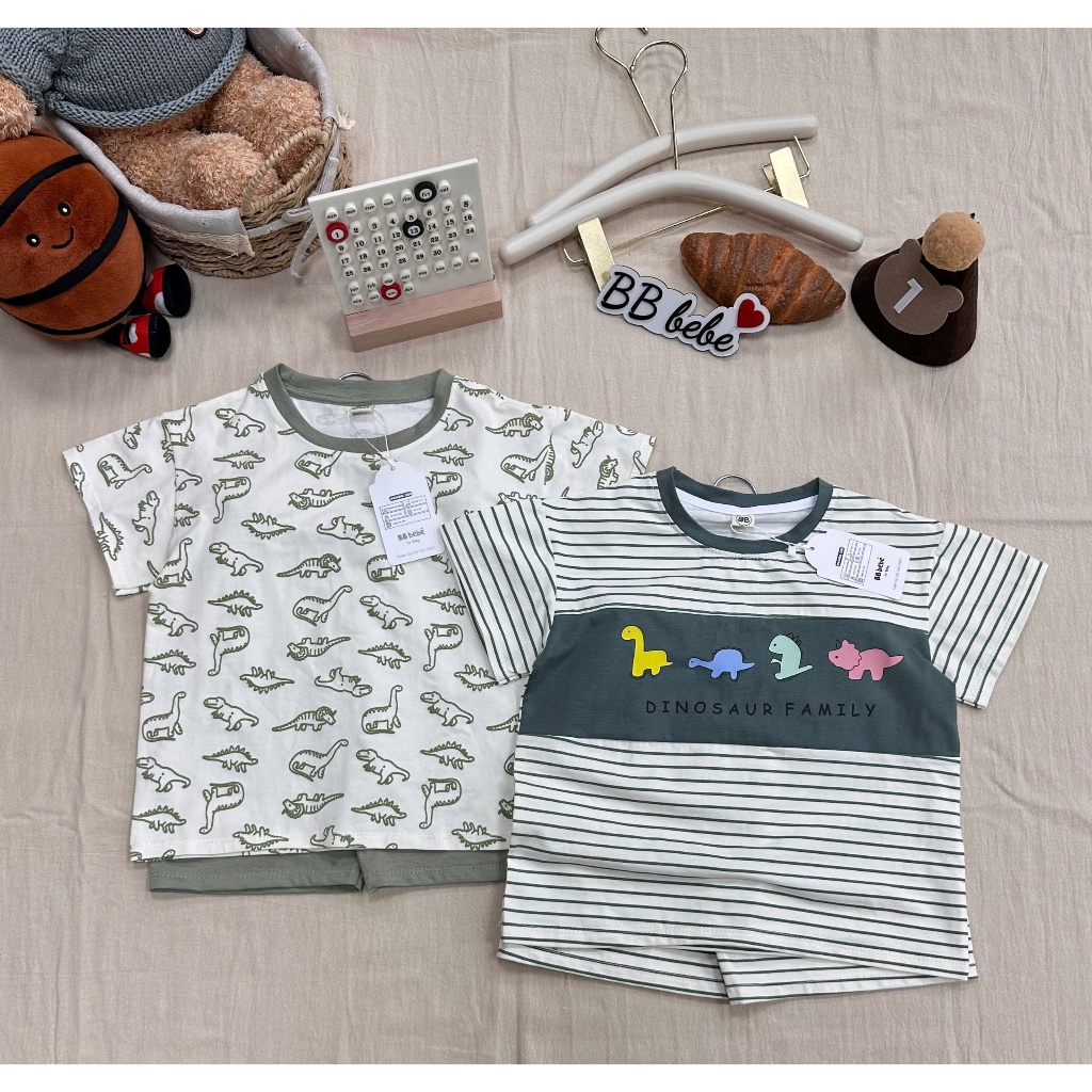 Combo 2 bộ cotton 4 chiều hoạ tiết khủng long bé trai, set 2 bộ cotton mềm mát cho bé