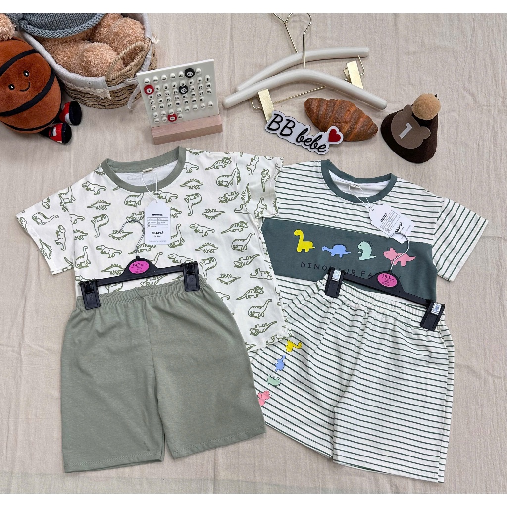 Combo 2 bộ cotton 4 chiều hoạ tiết khủng long bé trai, set 2 bộ cotton mềm mát cho bé