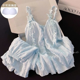 Set Đồ Ngủ Nữ Hai Dây Joie Trendy Tiểu Thư Áo Babydoll Kèm Lót Ngực Quần Short Đính Hoa Ren Xinh Xắn Thoáng Mát