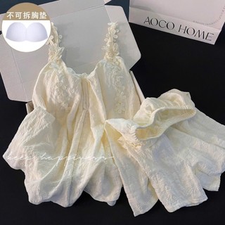 Set Đồ Ngủ Nữ Hai Dây Joie Trendy Tiểu Thư Áo Babydoll Kèm Lót Ngực Quần Short Đính Hoa Ren Xinh Xắn Thoáng Mát