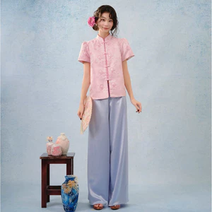 TUBYCATU Áo Gấm Đào Chi Kiểu Truyền Thống Phối Khuy Thêu Họa Tiết