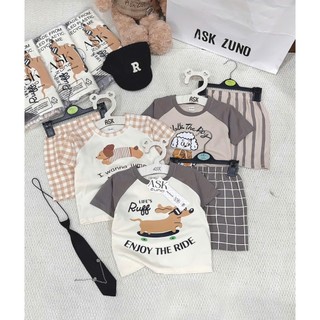 Bộ cộc tay bé trai Cotton mềm mát Tone Nâu Kem Kẻ Sọc họa tiết Chó PUPPY SIÊU CƯNG - Size 7-25kg