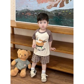 Bộ cộc tay bé trai Cotton mềm mát Tone Nâu Kem Kẻ Sọc họa tiết Chó PUPPY SIÊU CƯNG - Size 7-25kg