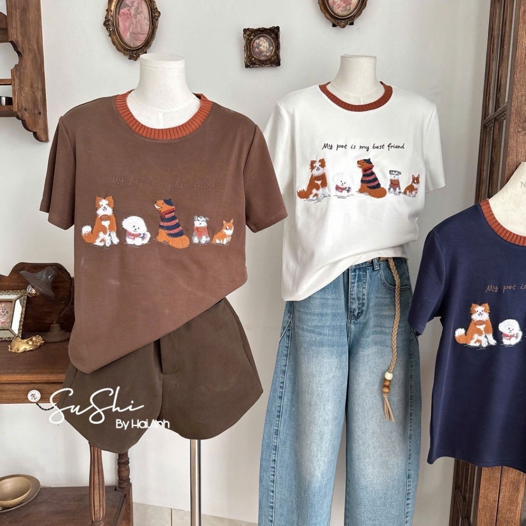 [𝑯𝒂 𝑨𝒏𝒉] Áo Cộc Phông Thêu nhiều Chó QCL1