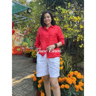 [JUNE LINEN] Áo sơ mi nữ Linen tưng premium washed, áo 2 túi vạt đuôi tôm. A52