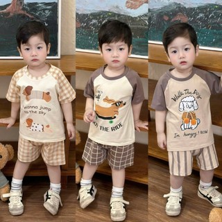 Bộ cộc tay bé trai Cotton mềm mát Tone Nâu Kem Kẻ Sọc họa tiết Chó PUPPY SIÊU CƯNG - Size 7-25kg