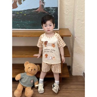 Bộ cộc tay bé trai Cotton mềm mát Tone Nâu Kem Kẻ Sọc họa tiết Chó PUPPY SIÊU CƯNG - Size 7-25kg