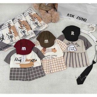 Bộ cộc tay bé trai Cotton mềm mát Tone Nâu Kem Kẻ Sọc họa tiết Chó PUPPY SIÊU CƯNG - Size 7-25kg