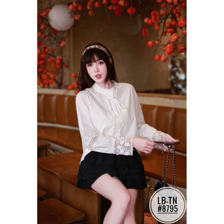 Áo sơ mi thô dài tay pha ren cổ luồn nơ #8795