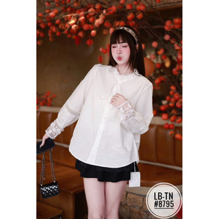Áo sơ mi thô dài tay pha ren cổ luồn nơ #8795