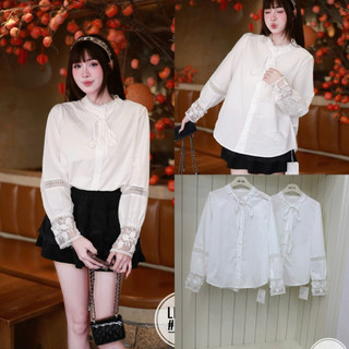 Áo sơ mi thô dài tay pha ren cổ luồn nơ #8795