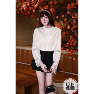 Áo sơ mi thô dài tay pha ren cổ luồn nơ #8795