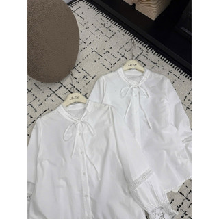 Áo sơ mi thô dài tay pha ren cổ luồn nơ #8795