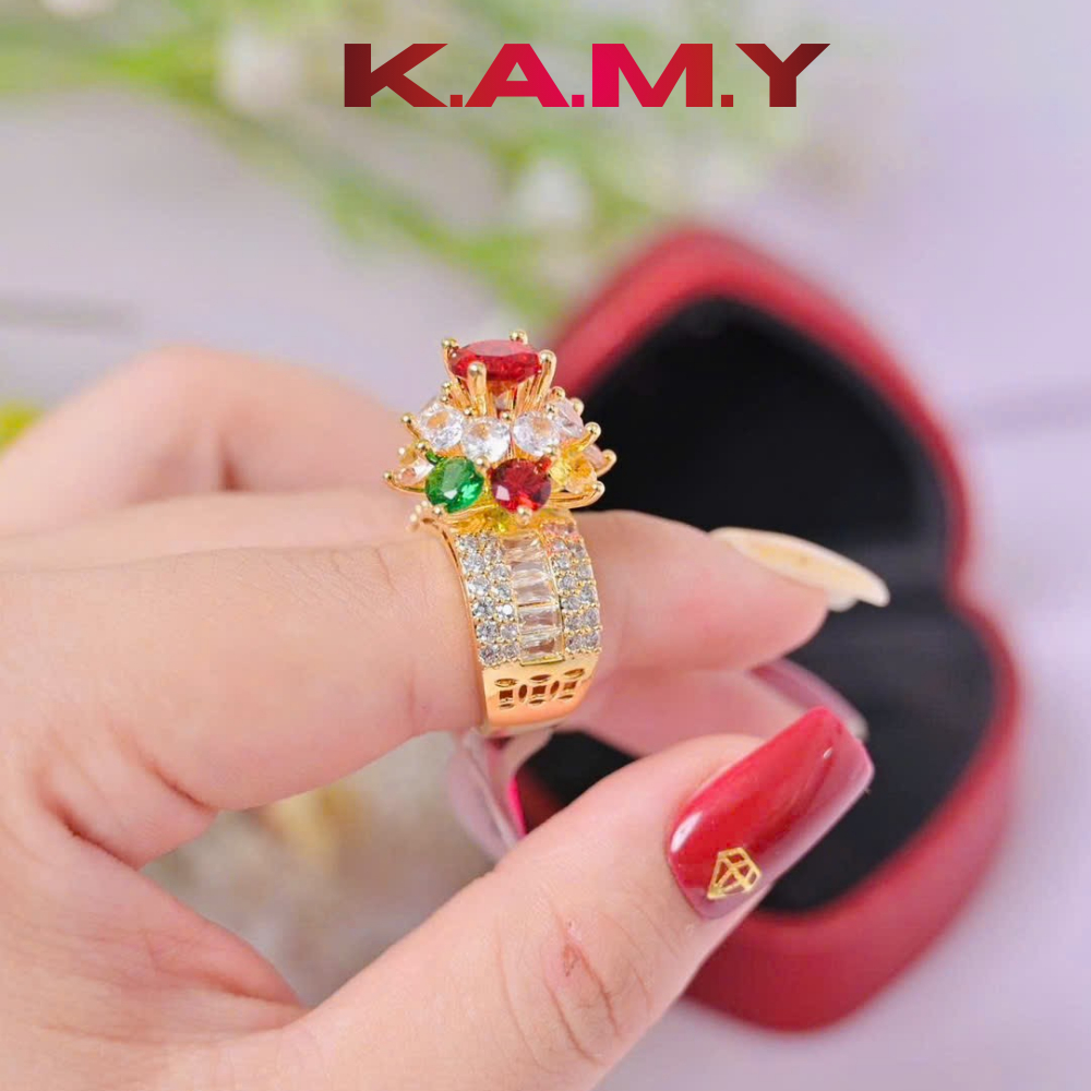 Nhẫn Nữ Cổ Cao Đính Đá Kiểu Hoa – Nhẫn Mạ Vàng Đá Màu Sang Trọng, Bản To Nổi Bật