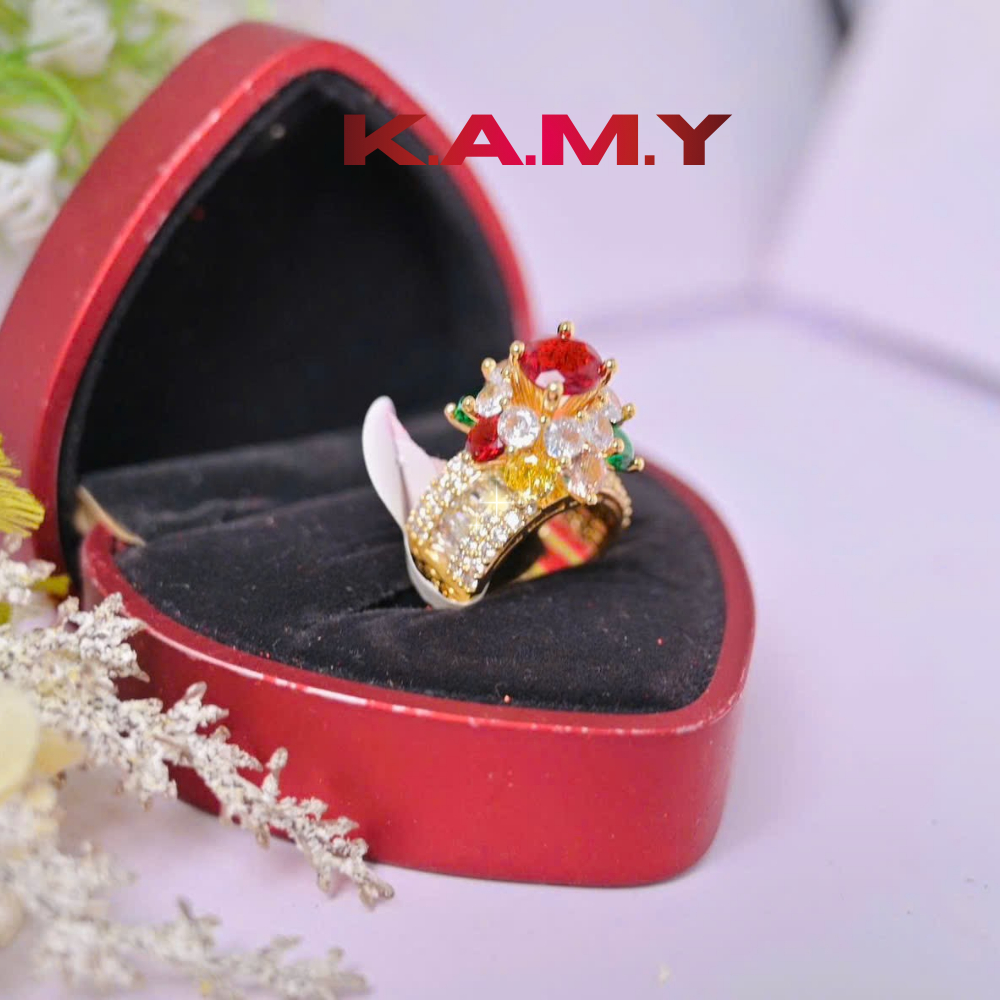 Nhẫn Nữ Cổ Cao Đính Đá Kiểu Hoa – Nhẫn Mạ Vàng Đá Màu Sang Trọng, Bản To Nổi Bật