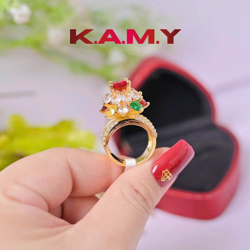 Nhẫn Nữ Cổ Cao Đính Đá Kiểu Hoa – Nhẫn Mạ Vàng Đá Màu Sang Trọng, Bản To Nổi Bật