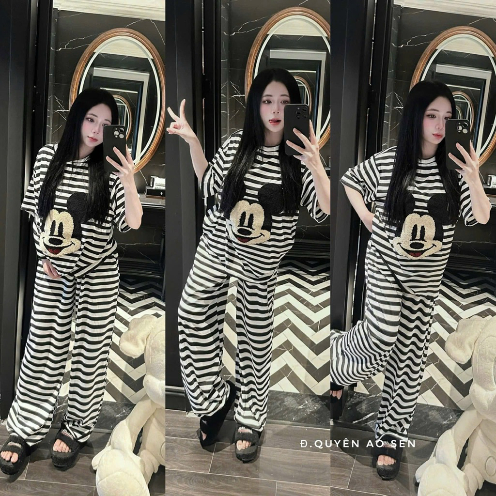 Sét Bộ Nữ Hotrend Hoạ Tiết Kẻ Vằn Thêu Xù Chuột Mikey Tay Lỡ From Rộng Basic Đáng Yêu