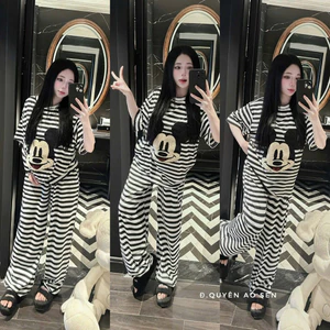 Sét Bộ Nữ Hotrend Hoạ Tiết Kẻ Vằn Thêu Xù Chuột Mikey Tay Lỡ From Rộng Basic Đáng Yêu