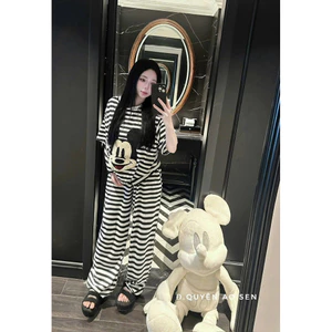 Sét Bộ Kẻ Vằn Nữ Dễ Thương Thêu Xù Chuột Mickey Cá Tính Dáng Rộng Chất Cotton Mềm Mặc Mát Mẻ