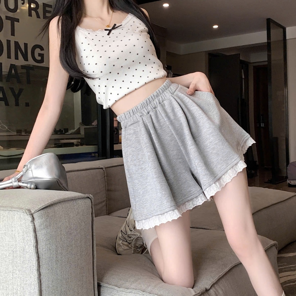 [ Video sp thực tế ]Quần Short nỉ ống rộng viền ren MCA phong cách thoải mái nặng động Q128