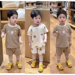 Set 2 bộ cộc tay bé trai Cotton mềm mát Tone Nâu Kem họa tiết Gấu SIÊU CƯNG, Size 7-25kg