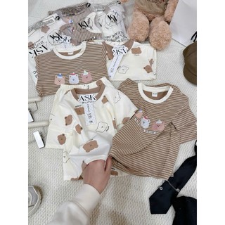 Set 2 bộ cộc tay bé trai Cotton mềm mát Tone Nâu Kem họa tiết Gấu SIÊU CƯNG, Size 7-25kg