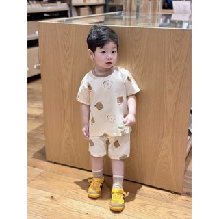 Set 2 bộ cộc tay bé trai Cotton mềm mát Tone Nâu Kem họa tiết Gấu SIÊU CƯNG, Size 7-25kg