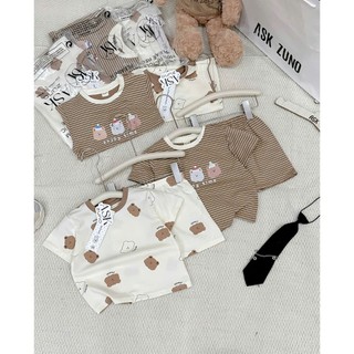 Set 2 bộ cộc tay bé trai Cotton mềm mát Tone Nâu Kem họa tiết Gấu SIÊU CƯNG, Size 7-25kg
