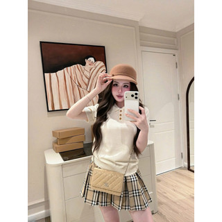 Set Áo Len Cộc Cổ Bẻ Mix Chân Váy Xếp Ly QC