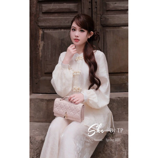 Set Phật Tử Lụa Nhũ Cúc Hoa Mai Tay Bo Mix Quần Suông Chuẩn She’s
