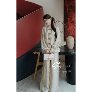 Set Phật Tử Lụa Nhũ Cúc Hoa Mai Tay Bo Mix Quần Suông Chuẩn She’s