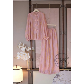 Set Phật Tử Lụa Nhũ Cúc Hoa Mai Tay Bo Mix Quần Suông Chuẩn She’s
