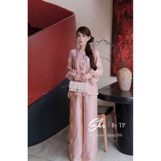 Set Phật Tử Lụa Nhũ Cúc Hoa Mai Tay Bo Mix Quần Suông Chuẩn She’s