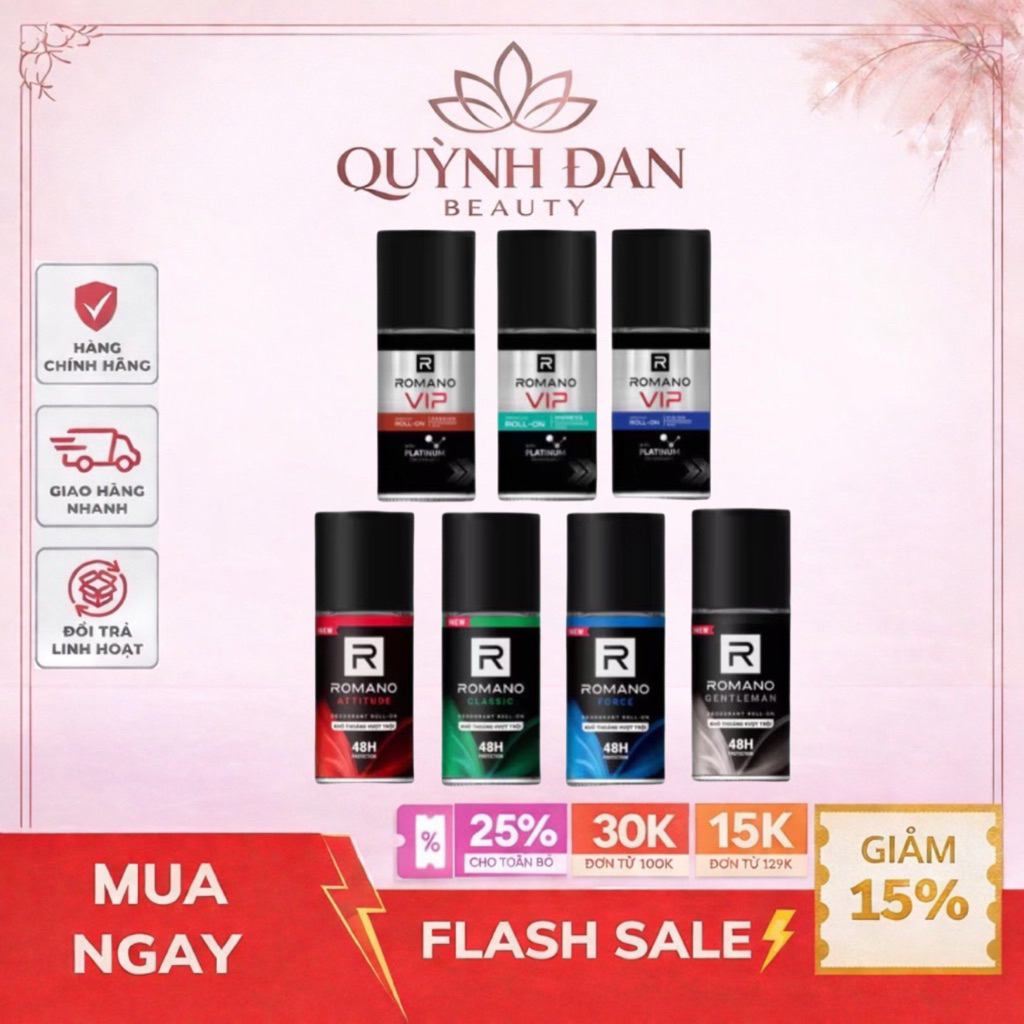 Lăn khử mùi nam kháng khuẩn & khô thoáng cả ngày Romano 50ml - 7 mùi hương