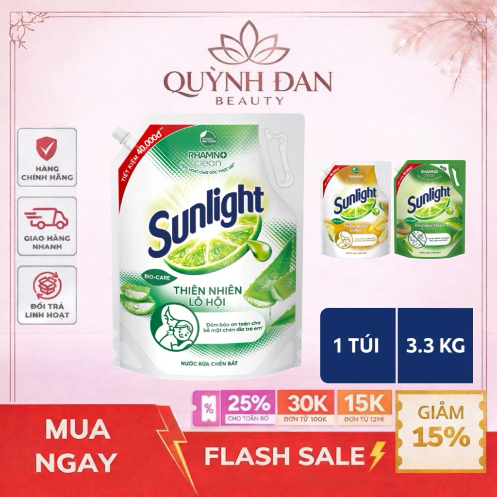 Nước rửa chén Sunlight Bio-care Thiên Nhiên 100% Gốc thực vật Lô Hội/Gừng/Trà Xanh Túi 3,3kg