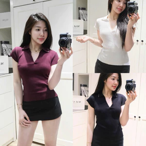 Linh Moon Áo len cổ V phối viền tay ngắn form ôm nhẹ, chất len gân co giãn Kèm Ảnh Thật