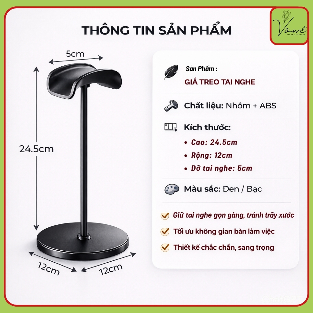 ( Kèm quà tặng ) Giá Treo Tai Nghe Chụp Tai Cao 24.5cm Vòm Decor – Thiết Kế Tối Giản Sang Trọng, Tối Ưu Không Gian