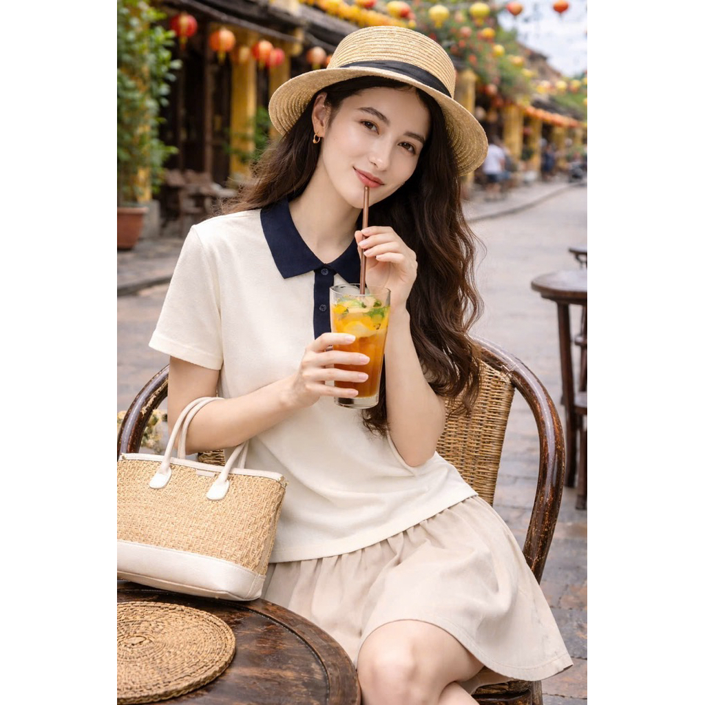 Linh Moon Áo polo len phối màu cổ bẻ tay ngắn form gọn, chất len co giãn mềm mịn Kèm Ảnh Thật