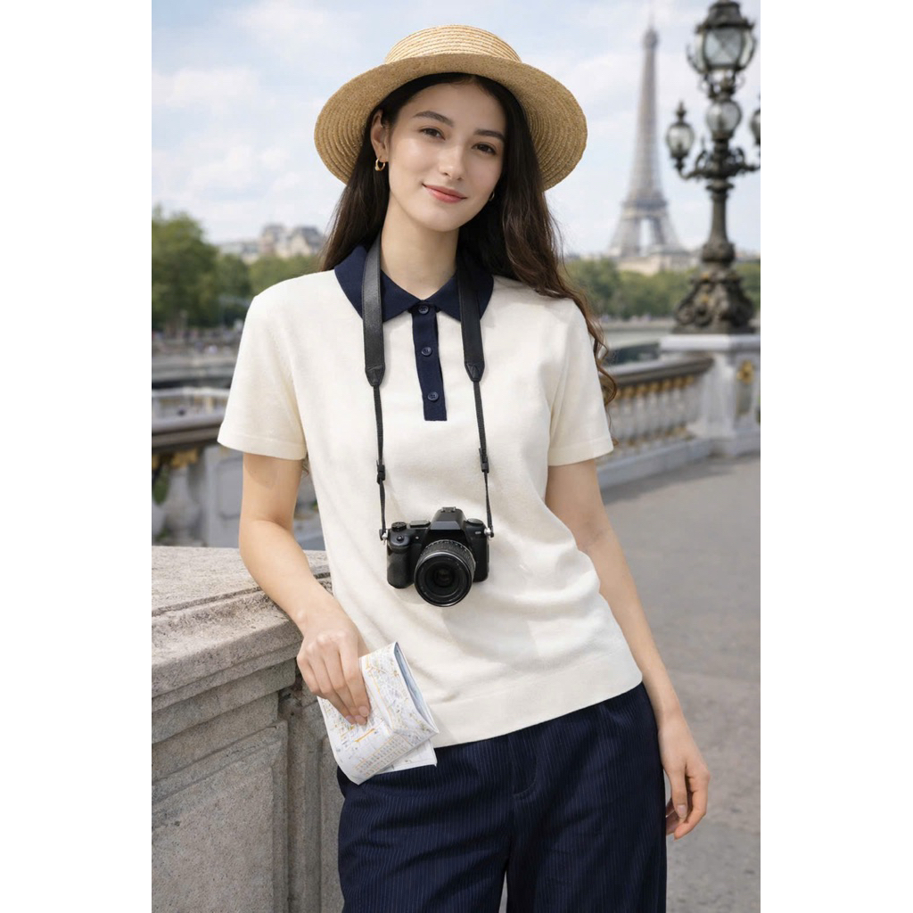Linh Moon Áo polo len phối màu cổ bẻ tay ngắn form gọn, chất len co giãn mềm mịn Kèm Ảnh Thật