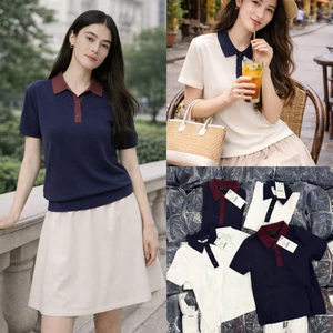 Linh Moon Áo polo len phối màu cổ bẻ tay ngắn form gọn, chất len co giãn mềm mịn Kèm Ảnh Thật