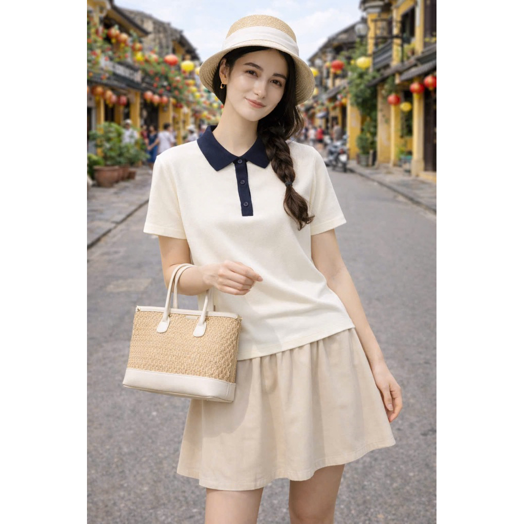 Linh Moon Áo polo len phối màu cổ bẻ tay ngắn form gọn, chất len co giãn mềm mịn Kèm Ảnh Thật