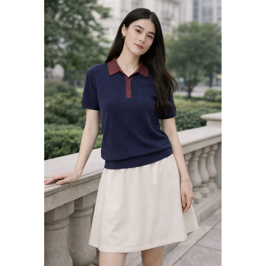 Linh Moon Áo polo len phối màu cổ bẻ tay ngắn form gọn, chất len co giãn mềm mịn Kèm Ảnh Thật