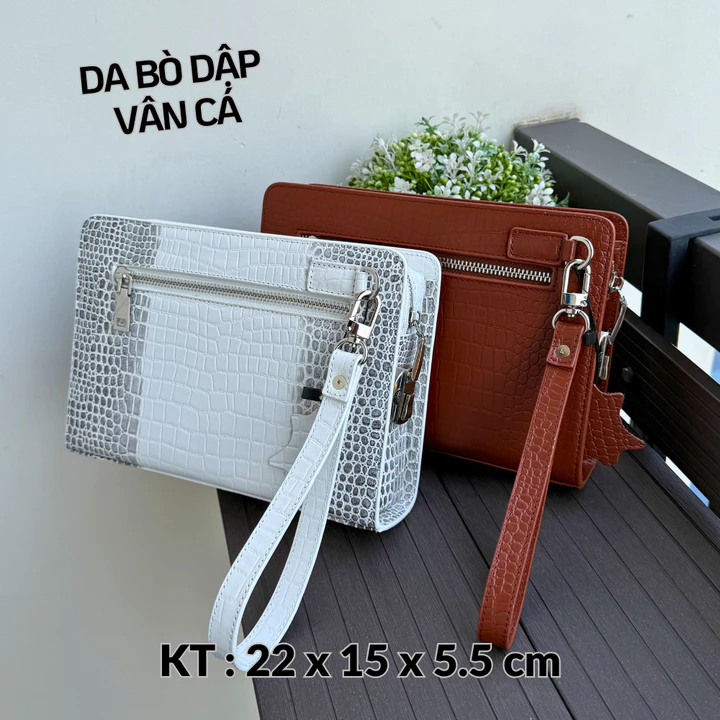 Clutch cầm tay, Clutch kẹp nách da bò dập vân cá size 22 nhiều màu sắc