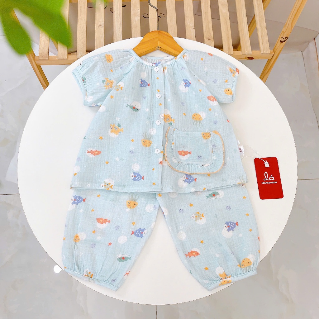 Bộ đồ ngủ bé gái tay ngắn xô muslin Lá Homewear A367, đồ dài cho bé cộc tay dễ thương