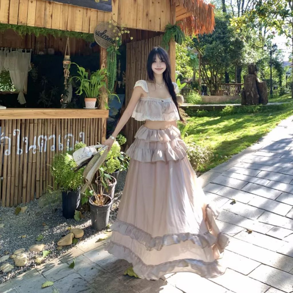 YNN STUDIO set bộ áo 2 dây và chân váy đi biển maxi viền bèo tiểu thư