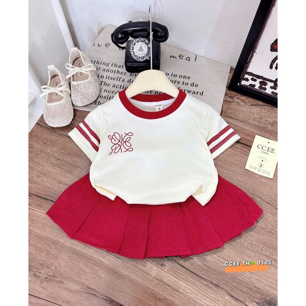 Sét Chân Váy Xếp Cho Bé Gái ( Váy Có Lót Trong) Mix Áo Phông Phối Viền Nổi Bật Size 9-45Kg ĐT15